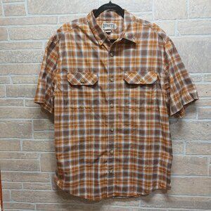 Duluth Trading Shirt Mens Large Standard Fit Orange Brown Plaid Checkered